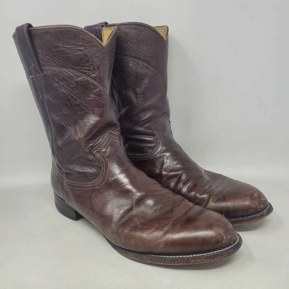 VTG Justin Boots 10.5D Brown Leather Deerlite Marbled Roper 3132 Cowboy Western